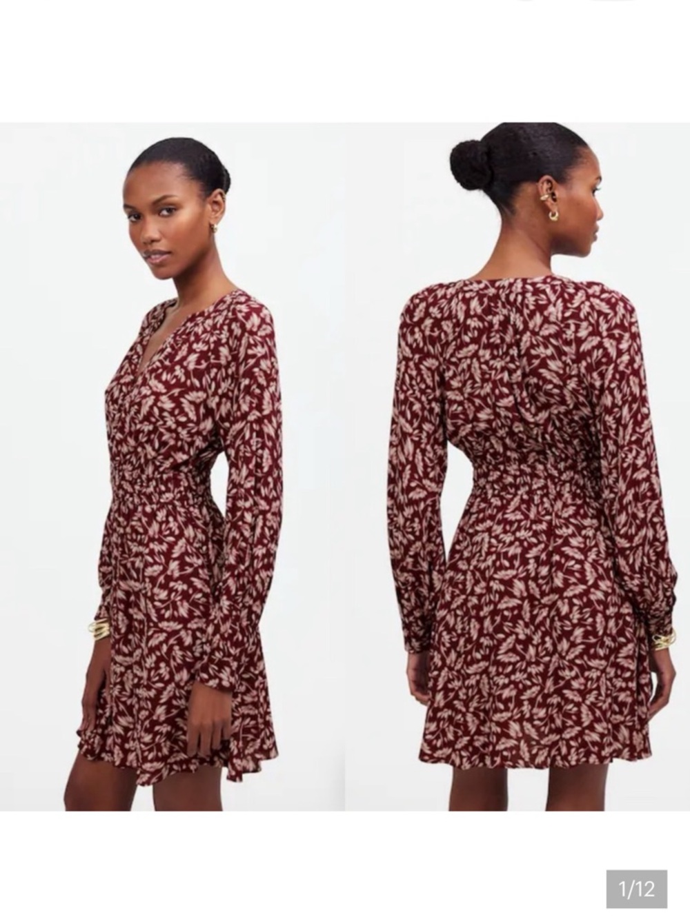 Madewell Smocked Y-Neck Mini Dress Floral Long Sleeve Viscose Pockets Sz Medium